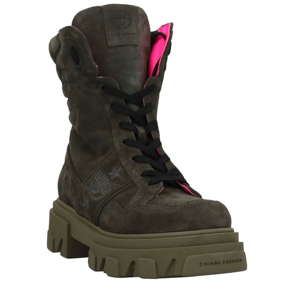 Chiara Ferragni Olive Brown Suede Lace-Up Platform Boot with Pink Lining